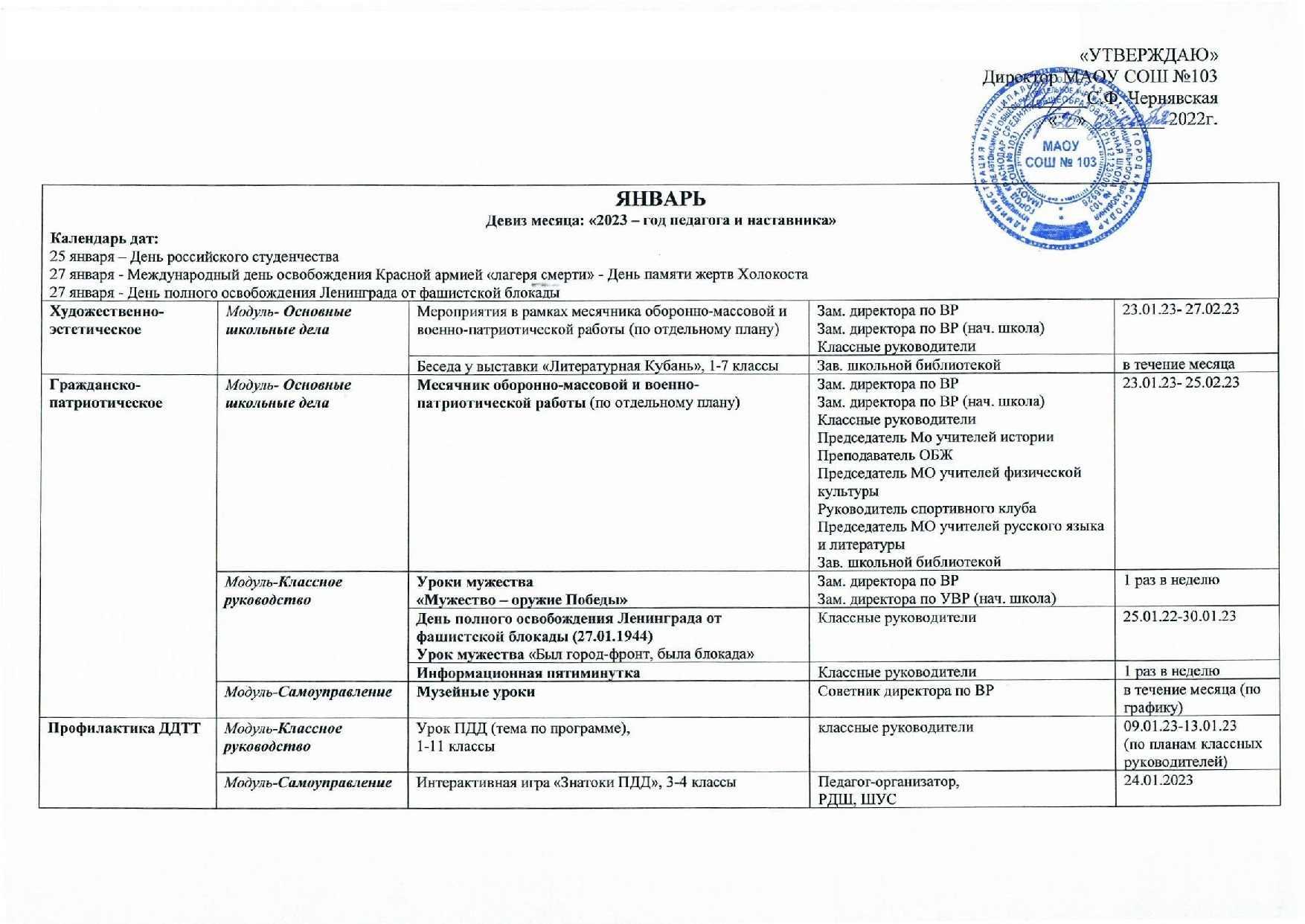 План ежемесячной работы МАОУ СОШ №103 на январь 2023г. | Средняя  общеобразовательная школа № 103